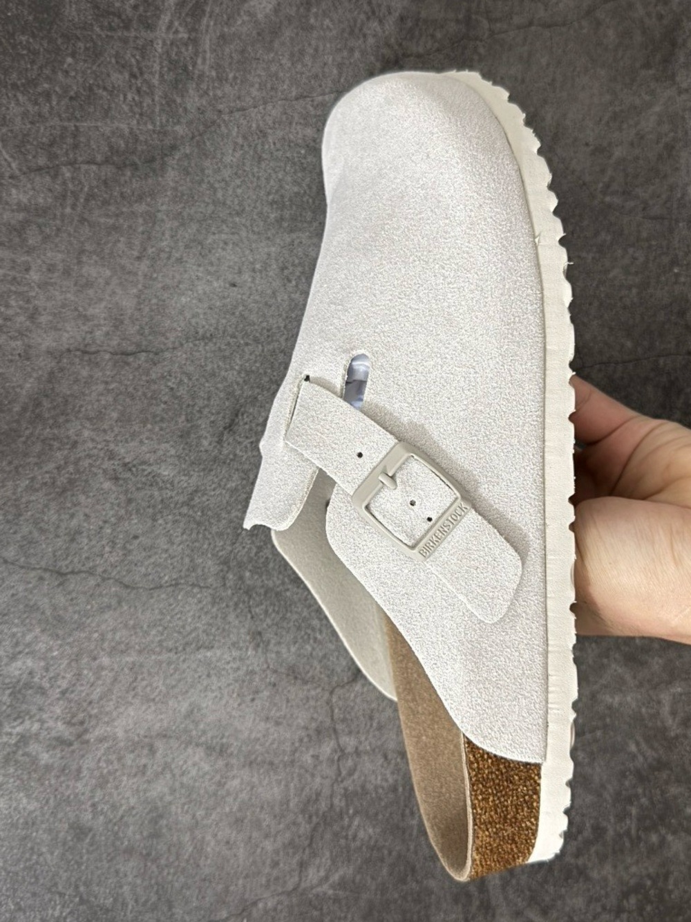 Birkenstock White Suede Boston Clog with Buckle Detail